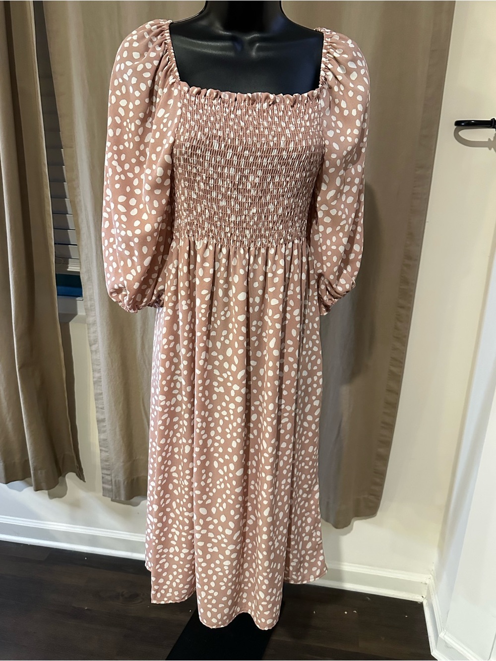 Vine & Love Blush Polka Dot Smocked Midi Dress